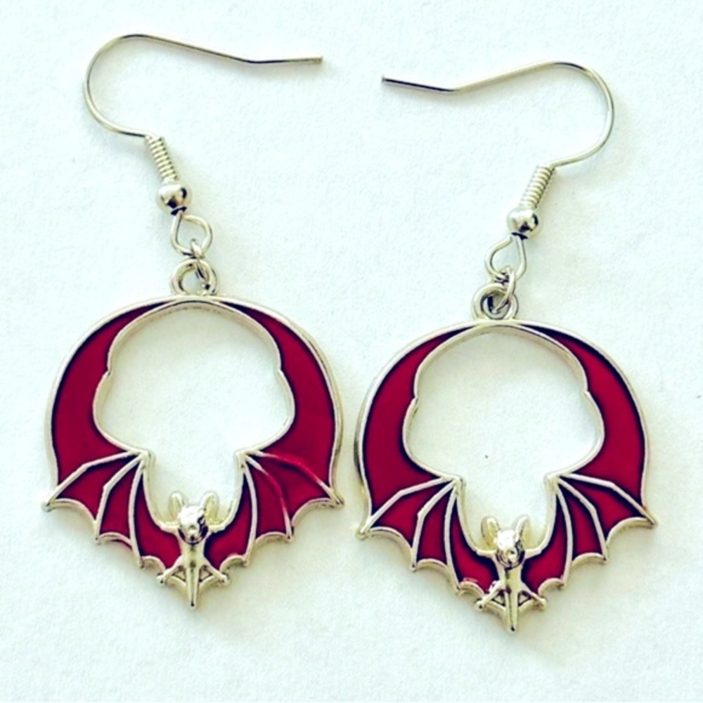Red & Silver Stainless Steel and Enamel Bat Earrings, NWT, Unworn, Goth Vibes